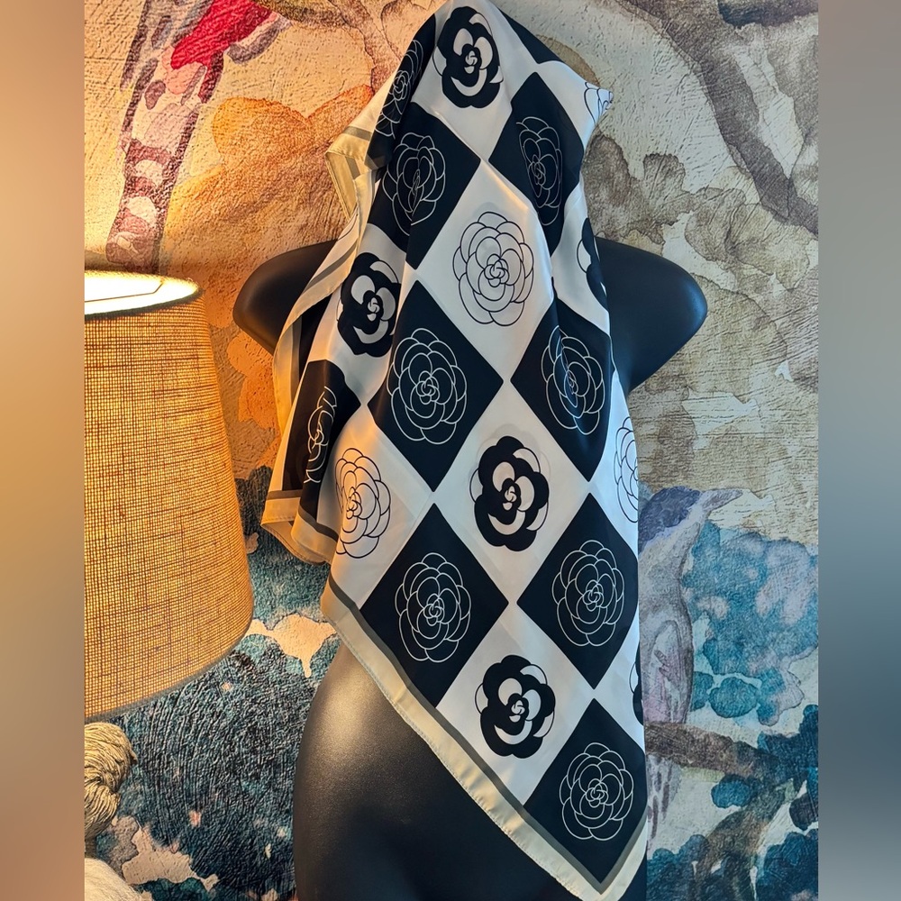 Black and White Floral Scarf Silk - Picture 4 of 4